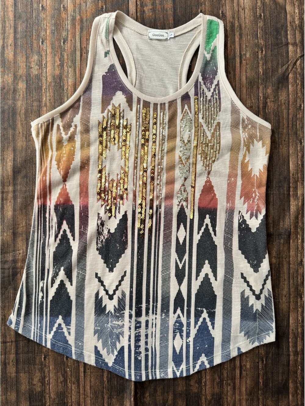 GeeGee Women's L Rainbow Pattern Racerback Tank Top With Gold Sequins